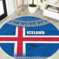 Iceland Flag Round Carpet with Icelandic Crest and Traditional Nordic Knit Pattern Design