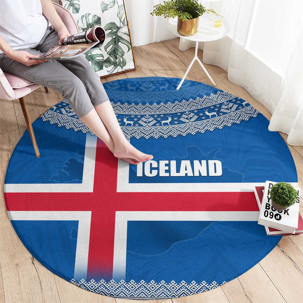 Iceland Flag Round Carpet with Icelandic Crest and Traditional Nordic Knit Pattern Design
