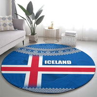 Iceland Flag Round Carpet with Icelandic Crest and Traditional Nordic Knit Pattern Design