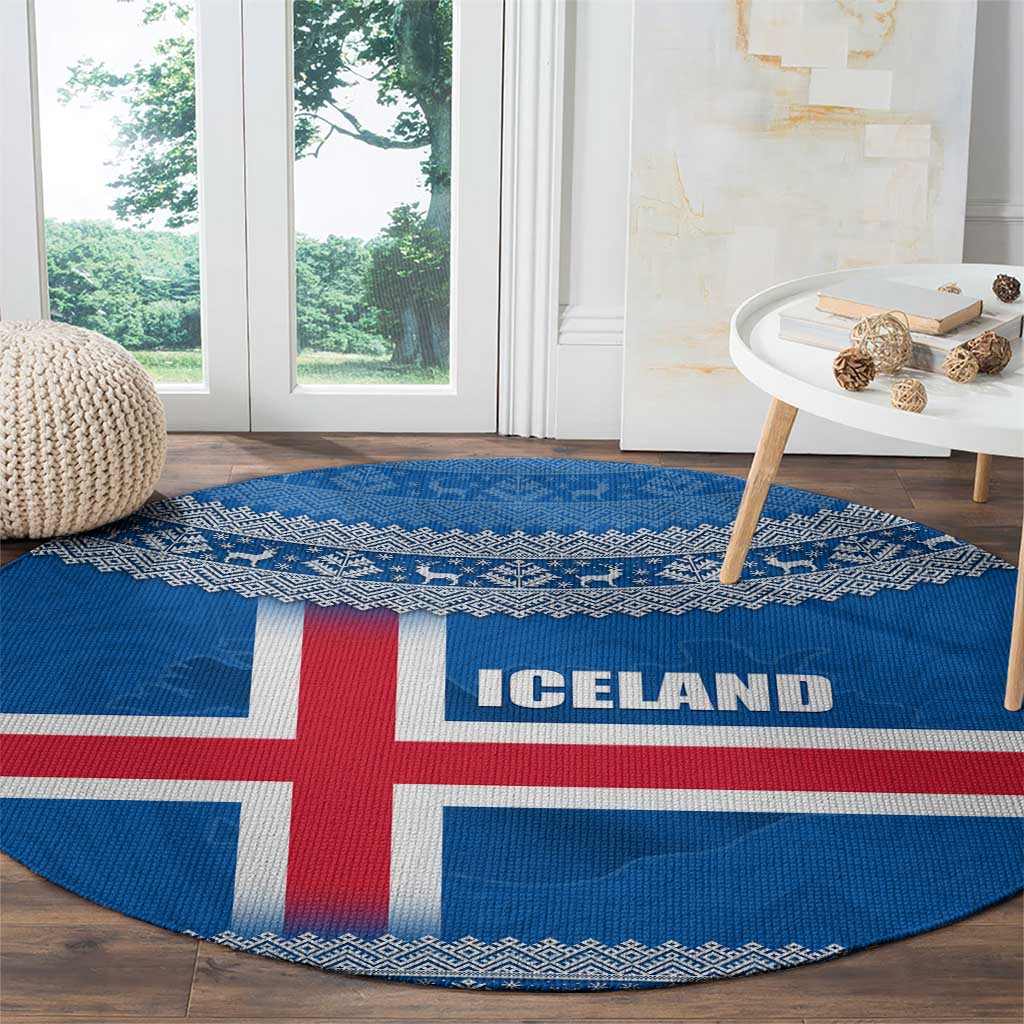 Iceland Flag Round Carpet with Icelandic Crest and Traditional Nordic Knit Pattern Design