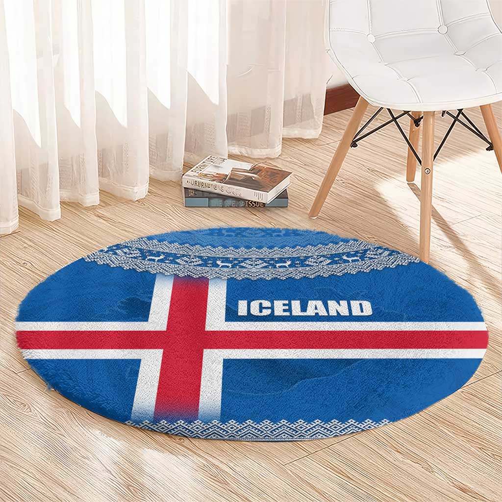 Iceland Flag Round Carpet with Icelandic Crest and Traditional Nordic Knit Pattern Design