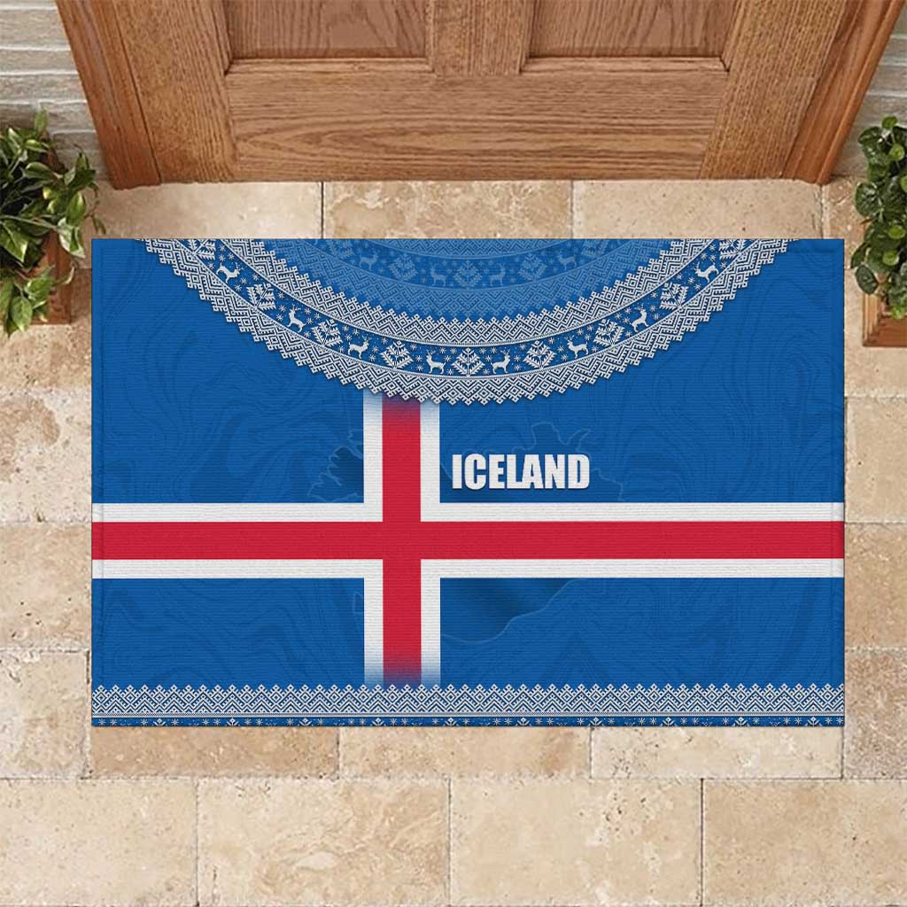 Iceland Flag Rubber Doormat with Icelandic Crest and Traditional Nordic Knit Pattern Design