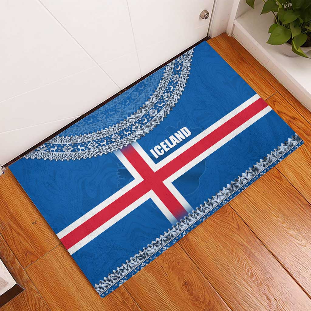 Iceland Flag Rubber Doormat with Icelandic Crest and Traditional Nordic Knit Pattern Design