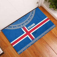 Iceland Flag Rubber Doormat with Icelandic Crest and Traditional Nordic Knit Pattern Design