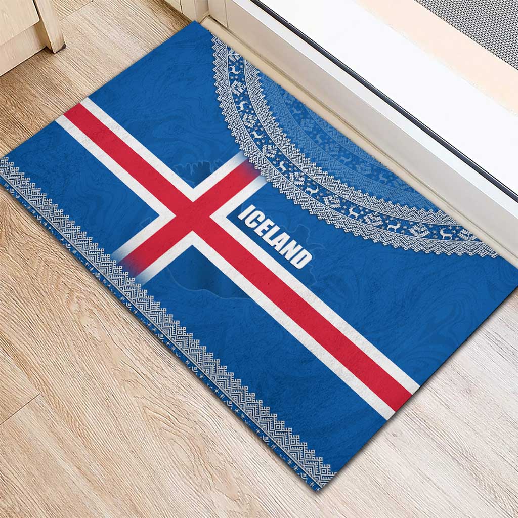 Iceland Flag Rubber Doormat with Icelandic Crest and Traditional Nordic Knit Pattern Design