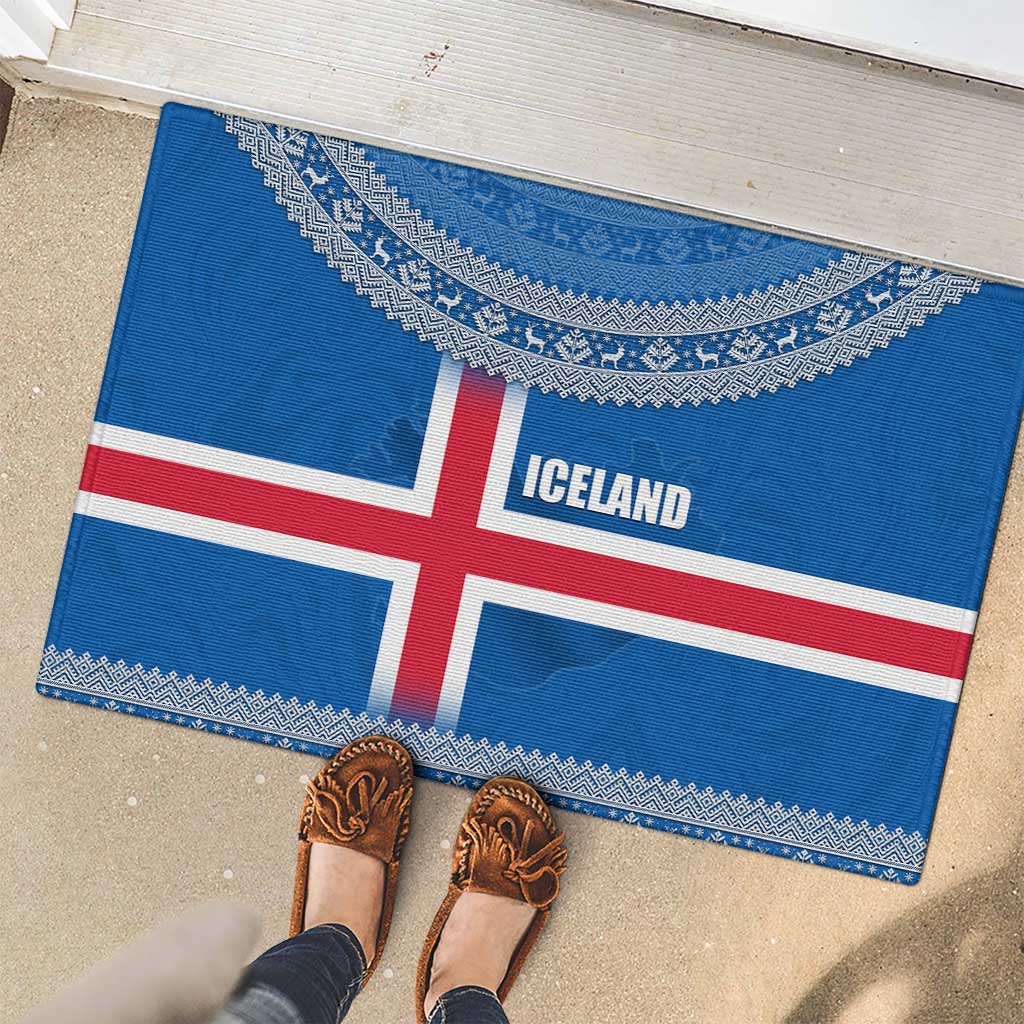 Iceland Flag Rubber Doormat with Icelandic Crest and Traditional Nordic Knit Pattern Design