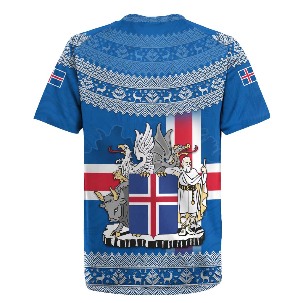 Iceland Flag Rugby Jersey with Icelandic Crest and Traditional Nordic Knit Pattern Design