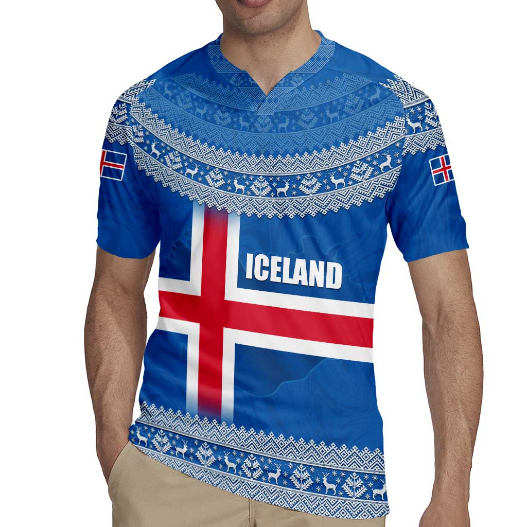 Iceland Flag Rugby Jersey with Icelandic Crest and Traditional Nordic Knit Pattern Design