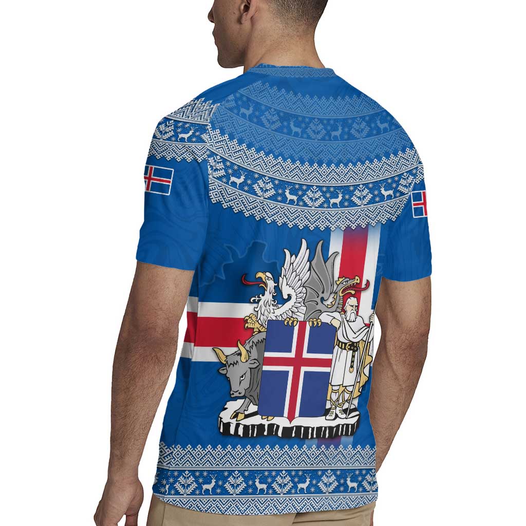 Iceland Flag Rugby Jersey with Icelandic Crest and Traditional Nordic Knit Pattern Design