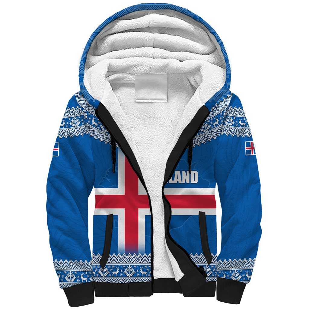 Iceland Flag Sherpa Hoodie with Icelandic Crest and Traditional Nordic Knit Pattern Design