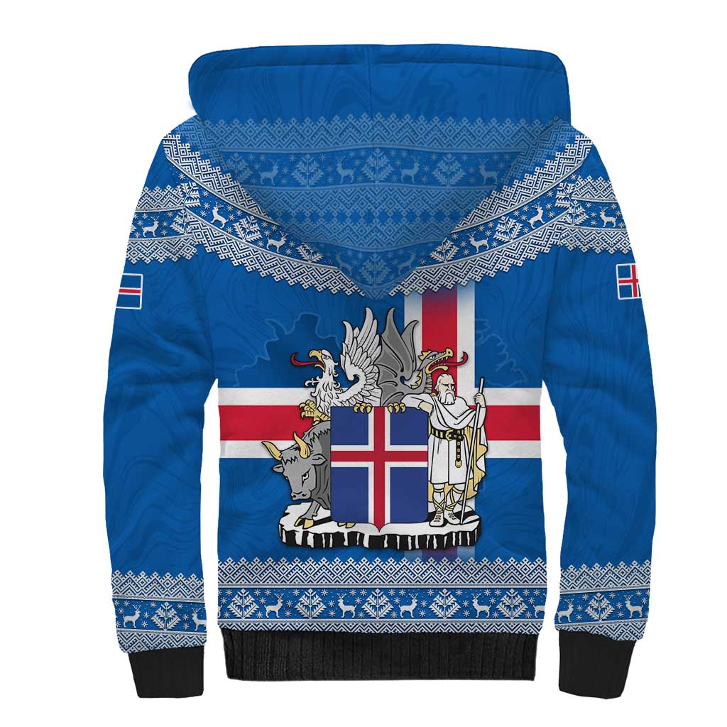 Iceland Flag Sherpa Hoodie with Icelandic Crest and Traditional Nordic Knit Pattern Design