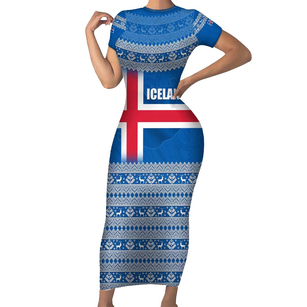 Iceland Flag Short Sleeve Bodycon Dress with Icelandic Crest and Traditional Nordic Knit Pattern Design