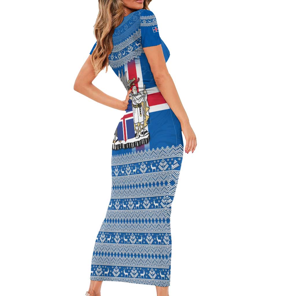 Iceland Flag Short Sleeve Bodycon Dress with Icelandic Crest and Traditional Nordic Knit Pattern Design