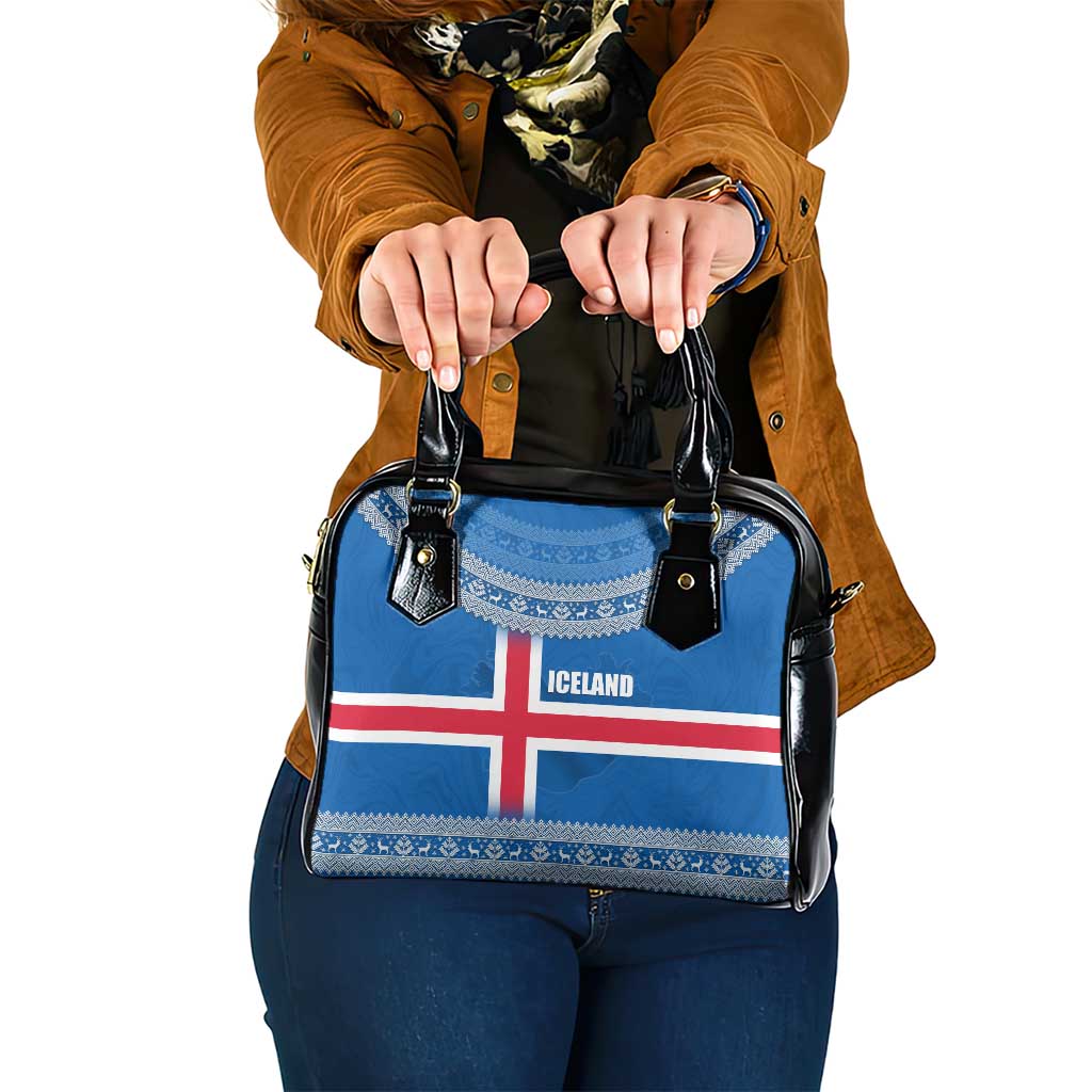 Iceland Flag Shoulder Handbag with Icelandic Crest and Traditional Nordic Knit Pattern Design