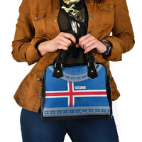 Iceland Flag Shoulder Handbag with Icelandic Crest and Traditional Nordic Knit Pattern Design