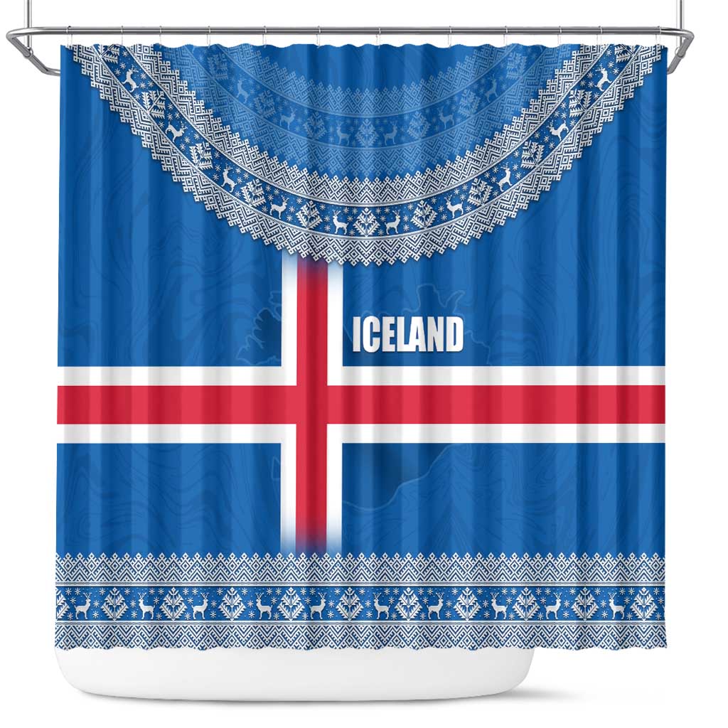 Iceland Flag Shower Curtain with Icelandic Crest and Traditional Nordic Knit Pattern Design