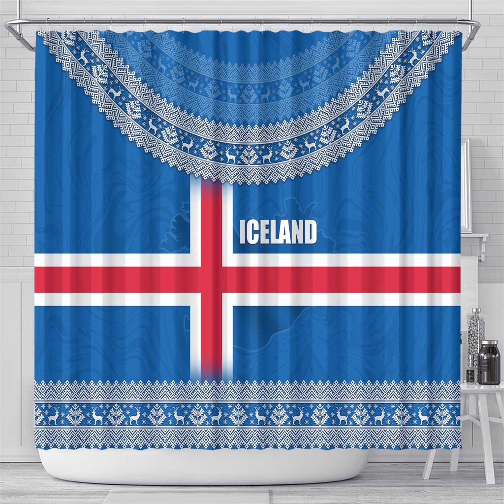 Iceland Flag Shower Curtain with Icelandic Crest and Traditional Nordic Knit Pattern Design