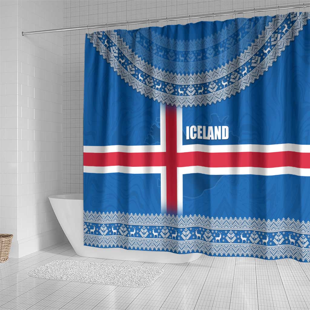 Iceland Flag Shower Curtain with Icelandic Crest and Traditional Nordic Knit Pattern Design
