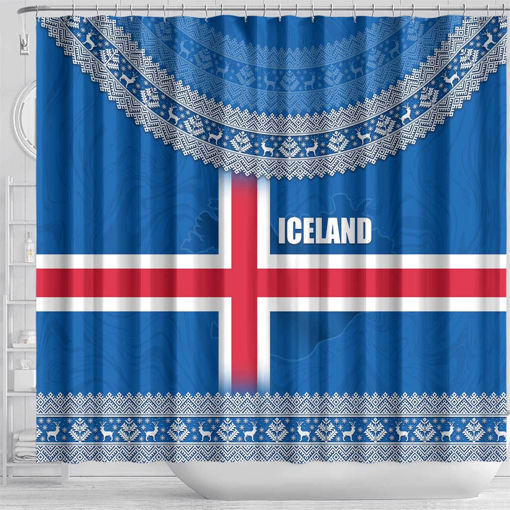 Iceland Flag Shower Curtain with Icelandic Crest and Traditional Nordic Knit Pattern Design
