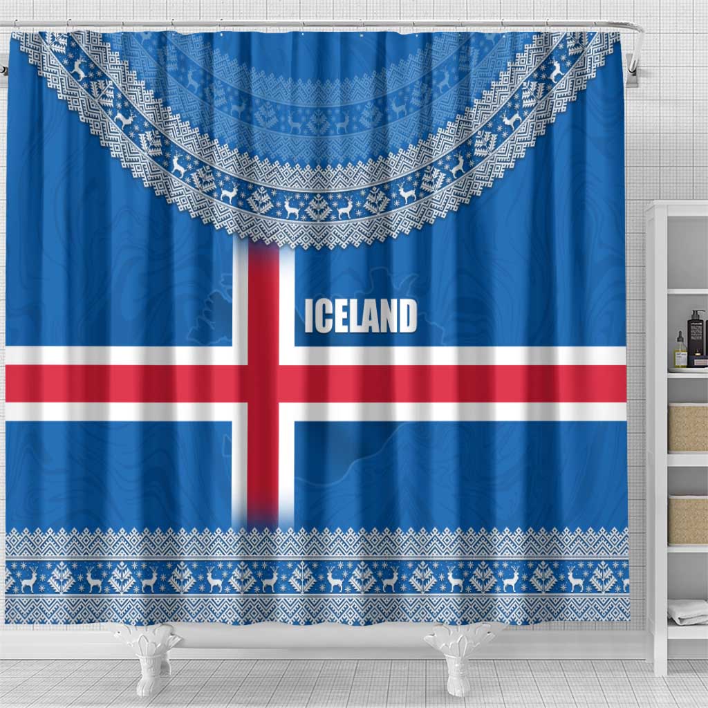 Iceland Flag Shower Curtain with Icelandic Crest and Traditional Nordic Knit Pattern Design
