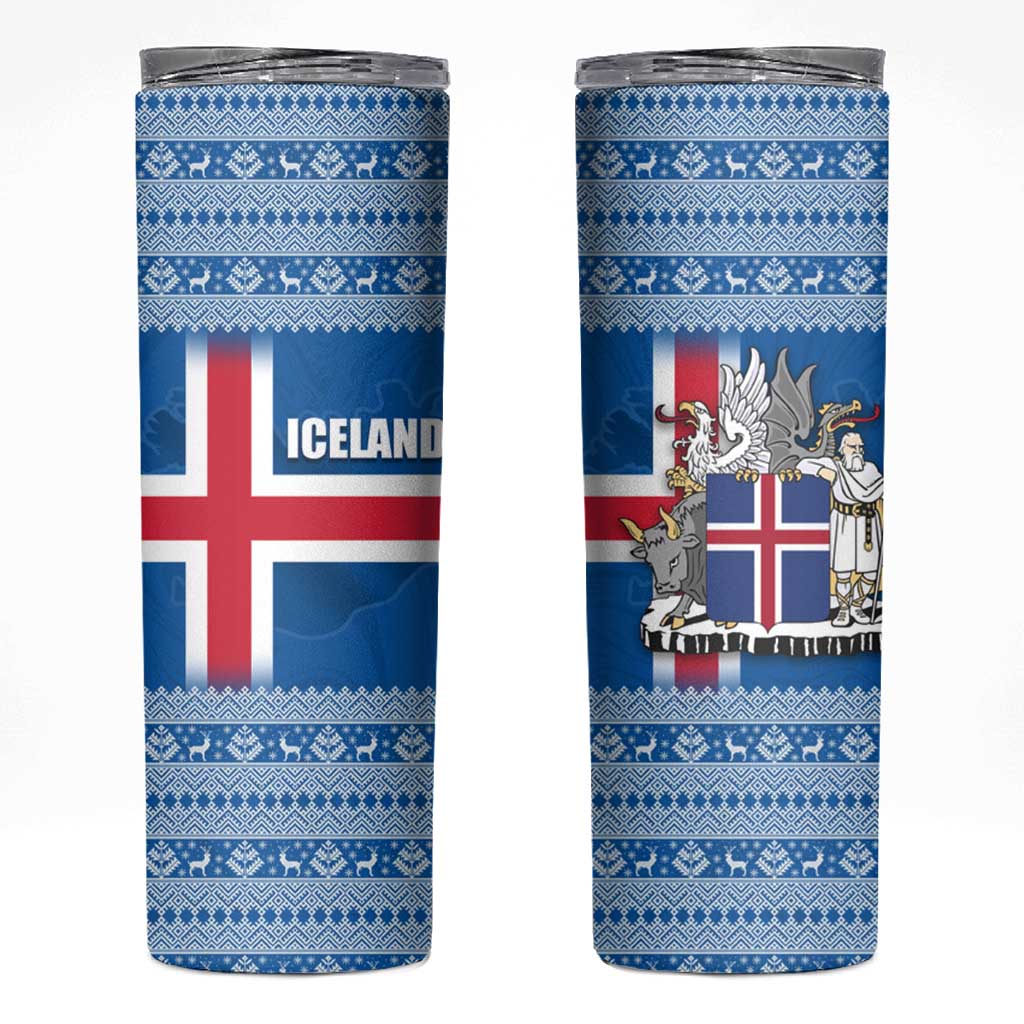 Iceland Flag Skinny Tumbler with Icelandic Crest and Traditional Nordic Knit Pattern Design