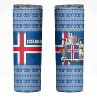 Iceland Flag Skinny Tumbler with Icelandic Crest and Traditional Nordic Knit Pattern Design