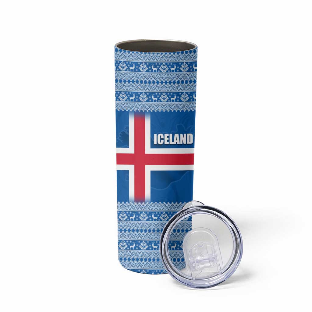 Iceland Flag Skinny Tumbler with Icelandic Crest and Traditional Nordic Knit Pattern Design