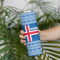 Iceland Flag Skinny Tumbler with Icelandic Crest and Traditional Nordic Knit Pattern Design