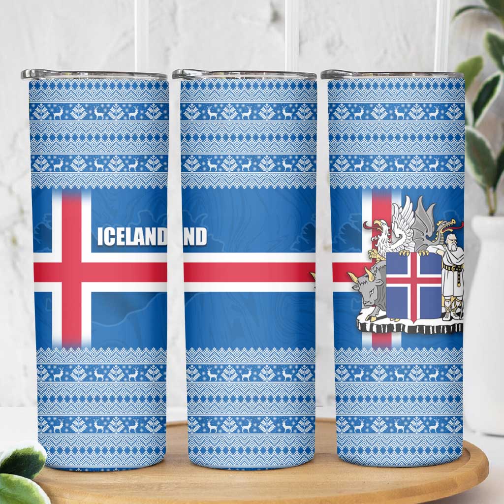 Iceland Flag Skinny Tumbler with Icelandic Crest and Traditional Nordic Knit Pattern Design