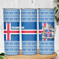 Iceland Flag Skinny Tumbler with Icelandic Crest and Traditional Nordic Knit Pattern Design