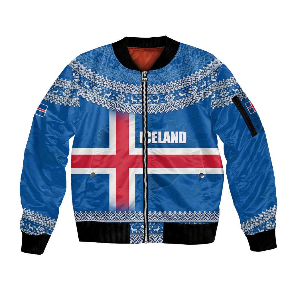 Iceland Flag Sleeve Zip Bomber Jacket with Icelandic Crest and Traditional Nordic Knit Pattern Design