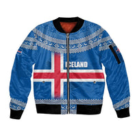 Iceland Flag Sleeve Zip Bomber Jacket with Icelandic Crest and Traditional Nordic Knit Pattern Design