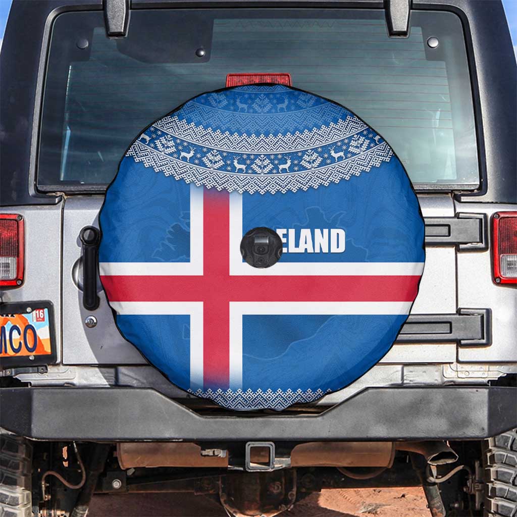 Iceland Flag Spare Tire Cover with Icelandic Crest and Traditional Nordic Knit Pattern Design