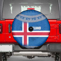 Iceland Flag Spare Tire Cover with Icelandic Crest and Traditional Nordic Knit Pattern Design