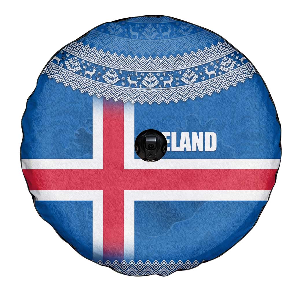 Iceland Flag Spare Tire Cover with Icelandic Crest and Traditional Nordic Knit Pattern Design