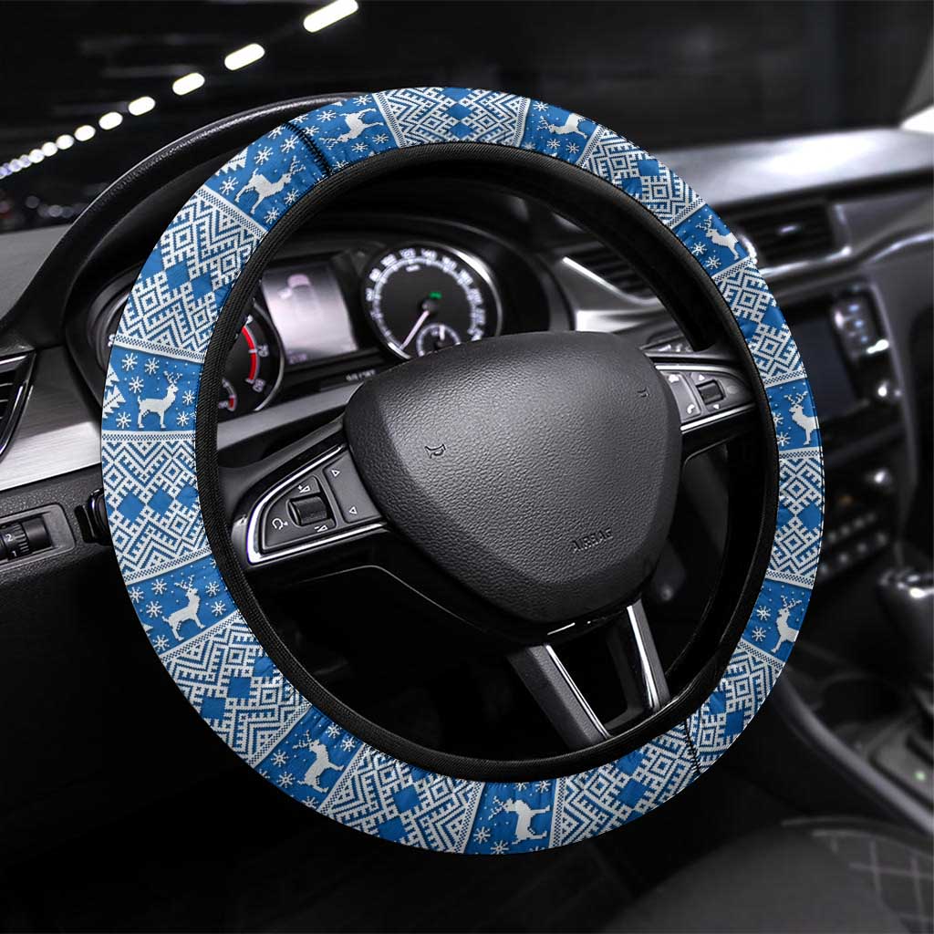 Iceland Flag Steering Wheel Cover with Icelandic Crest and Traditional Nordic Knit Pattern Design