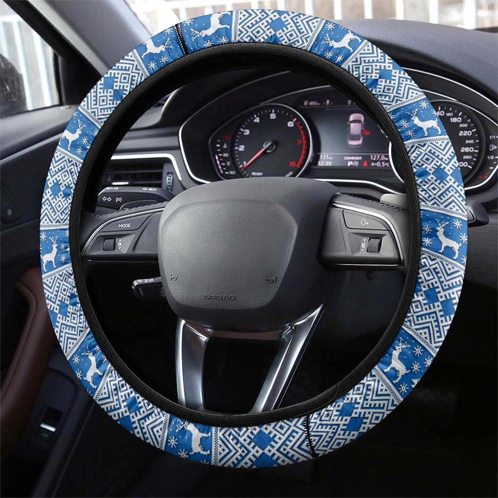 Iceland Flag Steering Wheel Cover with Icelandic Crest and Traditional Nordic Knit Pattern Design