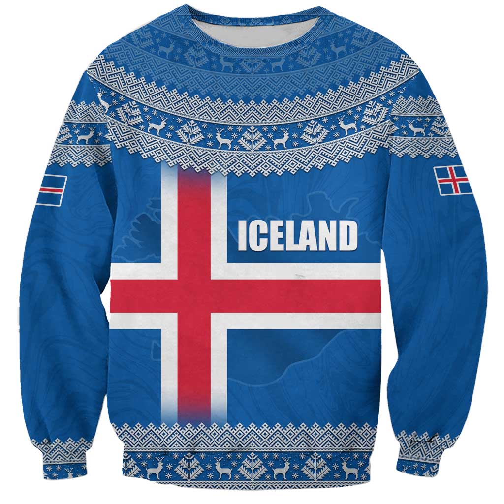 Iceland Flag Sweatshirt with Icelandic Crest and Traditional Nordic Knit Pattern Design
