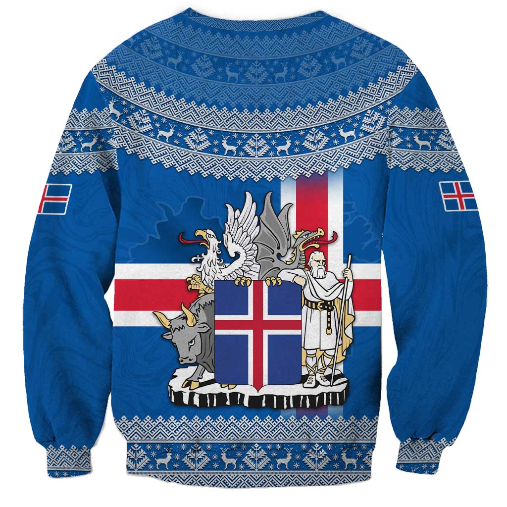 Iceland Flag Sweatshirt with Icelandic Crest and Traditional Nordic Knit Pattern Design