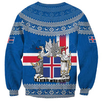 Iceland Flag Sweatshirt with Icelandic Crest and Traditional Nordic Knit Pattern Design