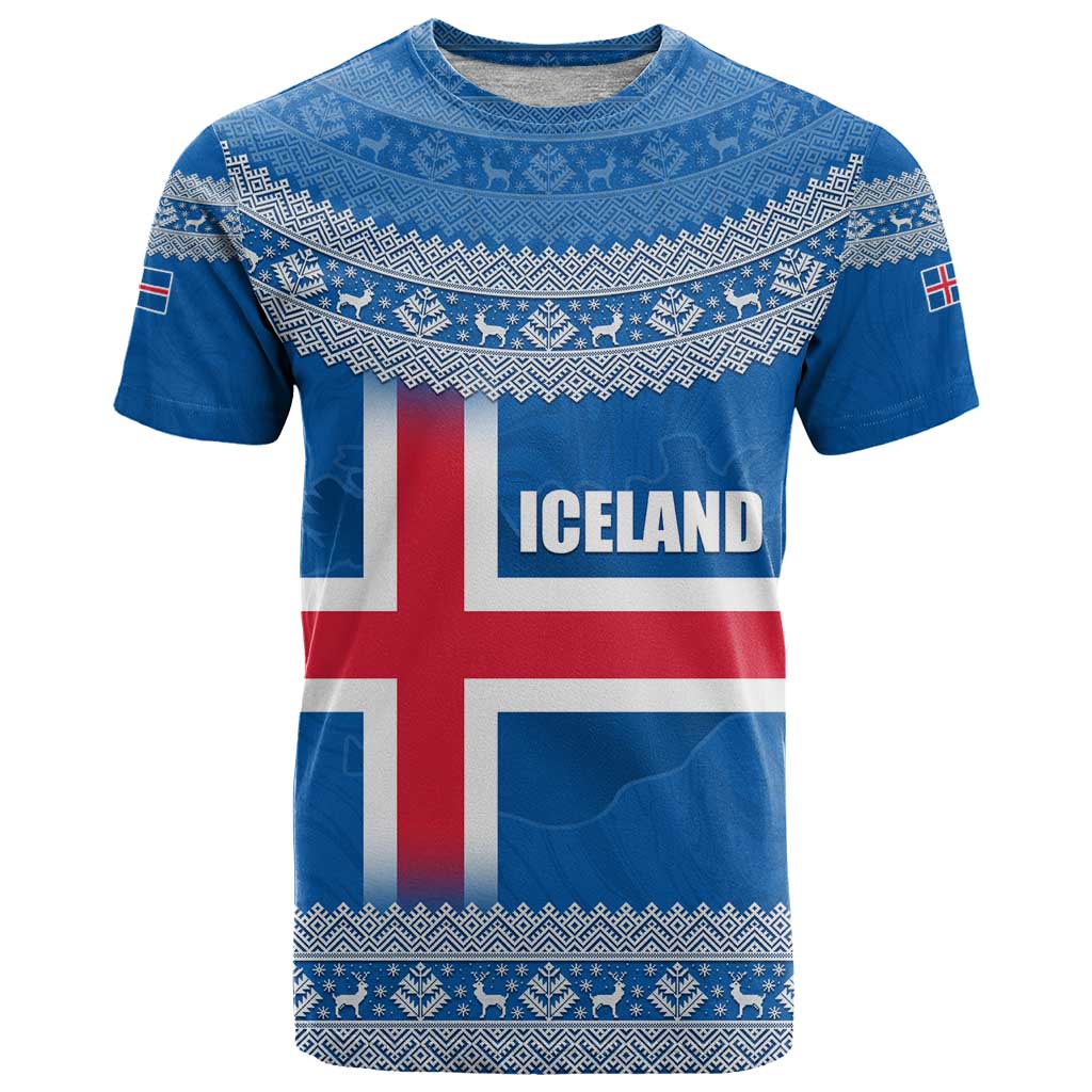Iceland Flag T Shirt with Icelandic Crest and Traditional Nordic Knit Pattern Design