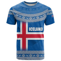 Iceland Flag T Shirt with Icelandic Crest and Traditional Nordic Knit Pattern Design
