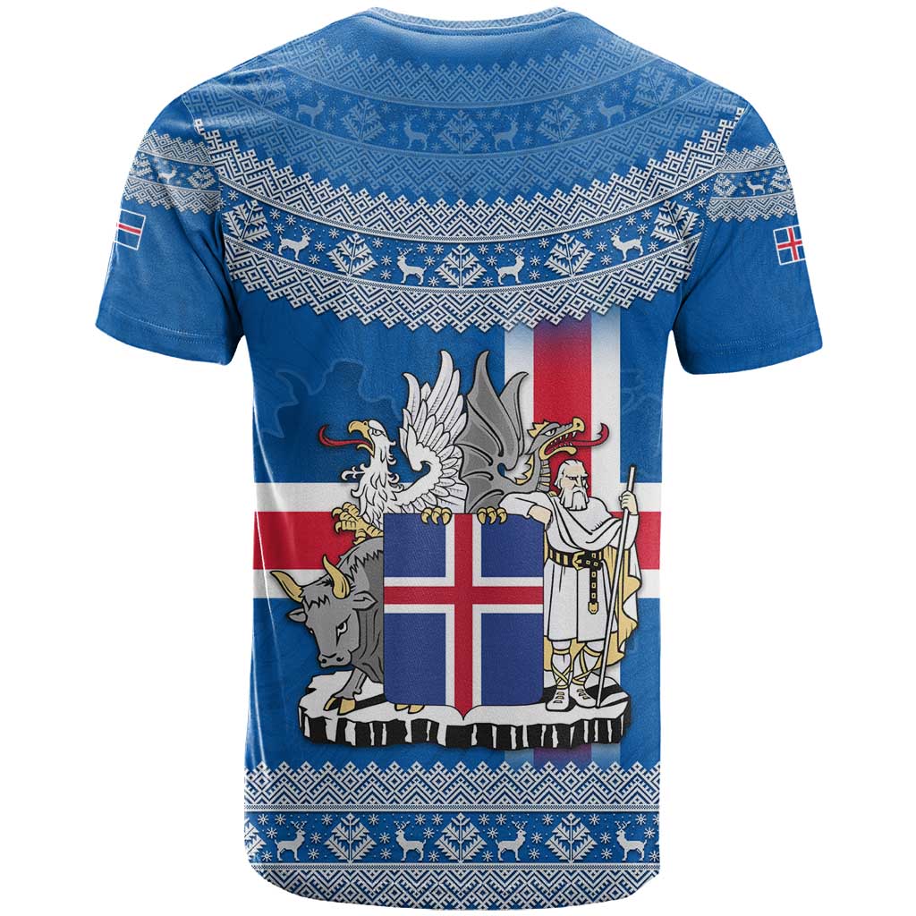 Iceland Flag T Shirt with Icelandic Crest and Traditional Nordic Knit Pattern Design