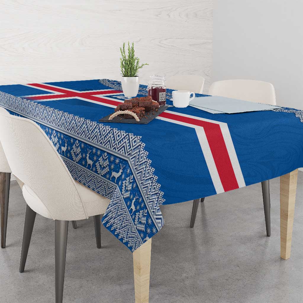Iceland Flag Tablecloth with Icelandic Crest and Traditional Nordic Knit Pattern Design