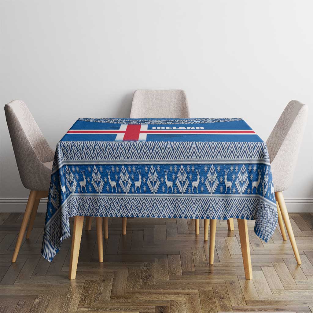 Iceland Flag Tablecloth with Icelandic Crest and Traditional Nordic Knit Pattern Design