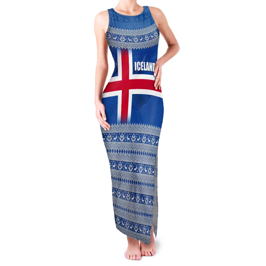 Iceland Flag Tank Maxi Dress with Icelandic Crest and Traditional Nordic Knit Pattern Design