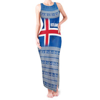 Iceland Flag Tank Maxi Dress with Icelandic Crest and Traditional Nordic Knit Pattern Design