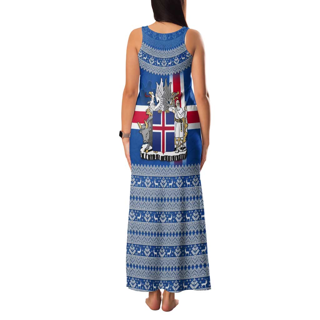 Iceland Flag Tank Maxi Dress with Icelandic Crest and Traditional Nordic Knit Pattern Design