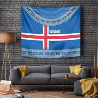 Iceland Flag Tapestry with Icelandic Crest and Traditional Nordic Knit Pattern Design