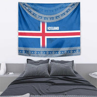 Iceland Flag Tapestry with Icelandic Crest and Traditional Nordic Knit Pattern Design